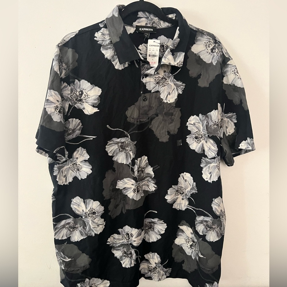 Express Polo Floral Moisture Wicking XL Summer Black New